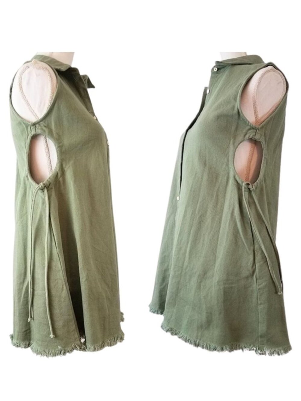 PEACH LANE Simple Desires Sleeveless Olive Button-Down Tunic Women's Small